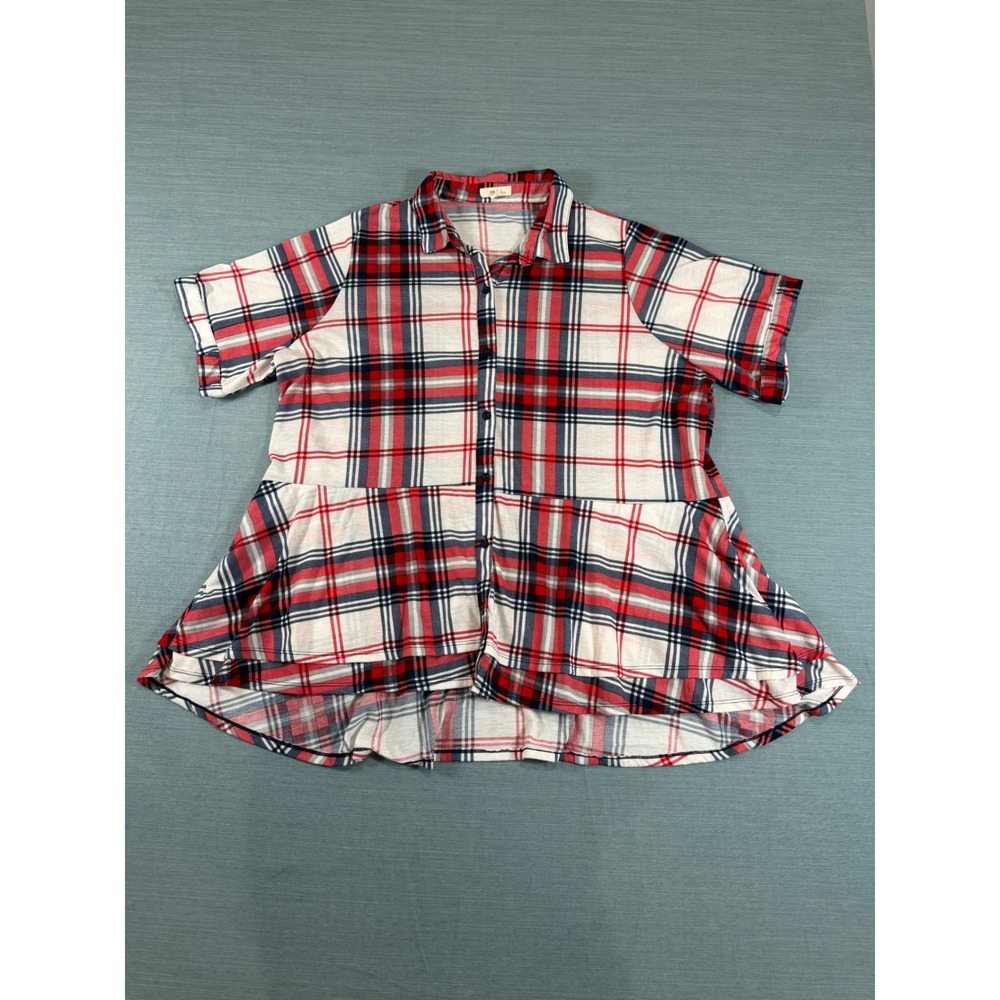 Red White Blue Plaid Peplum Button Down Top Short Sleeve High Low Blouse‎ 3X